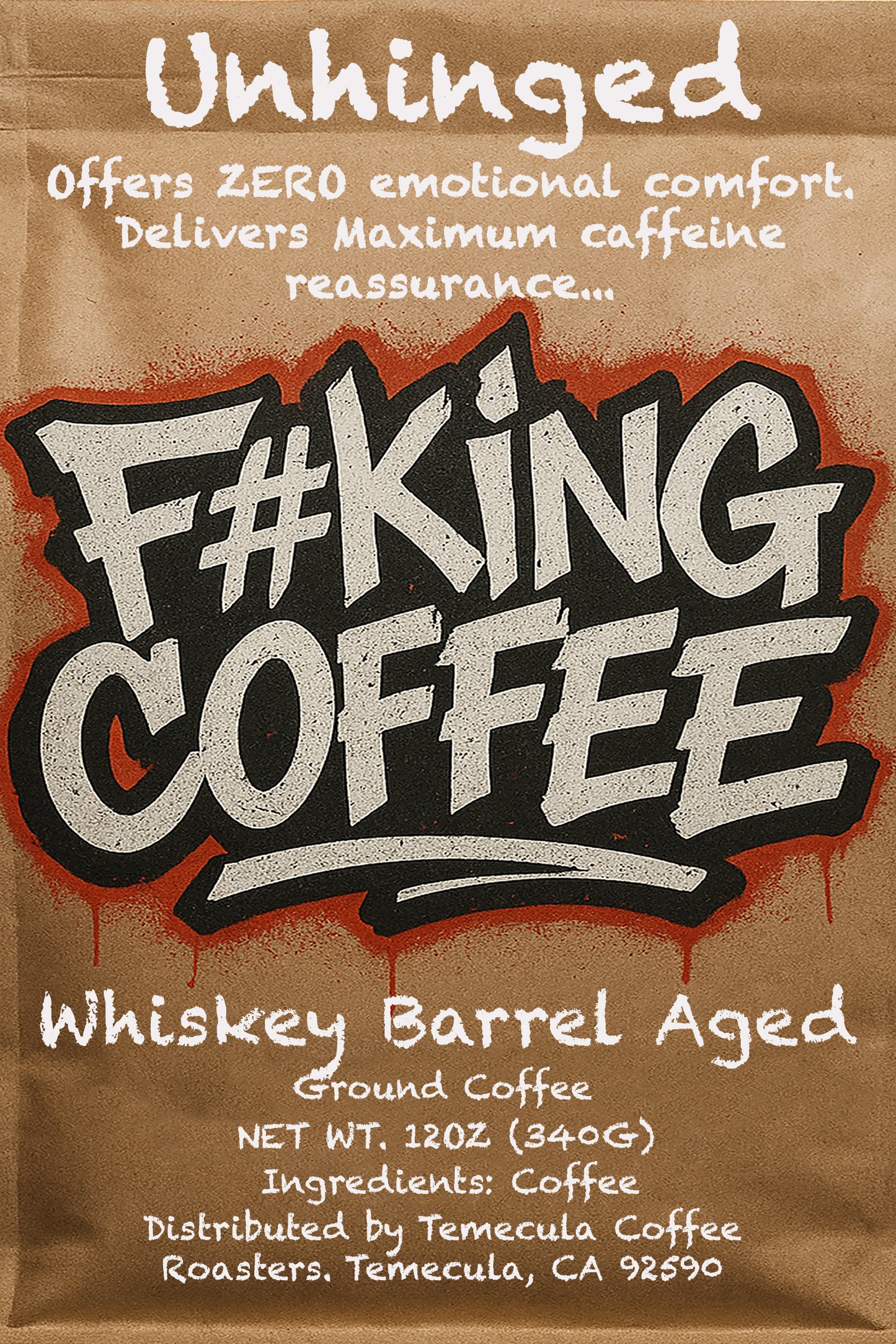 Coffee package with bold text and branding on a brown background